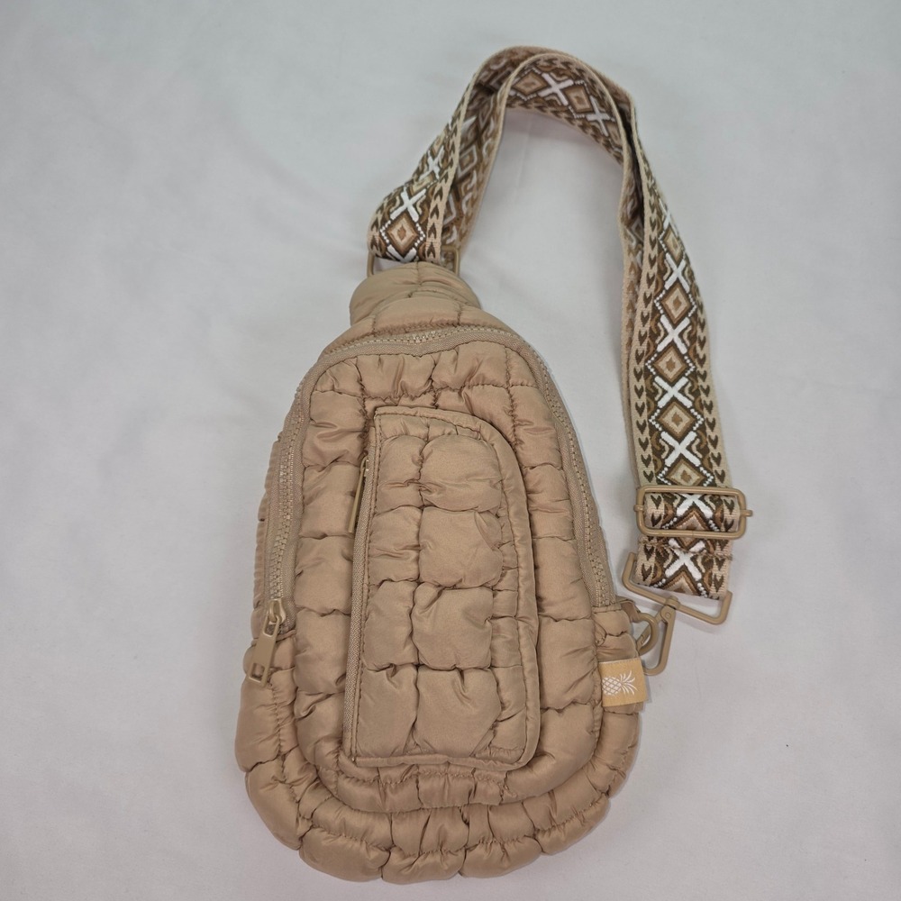 Tan Quilted Puffer Sling Bag Crossbody with Geometric Guitar Strap Neutral NWOTโ